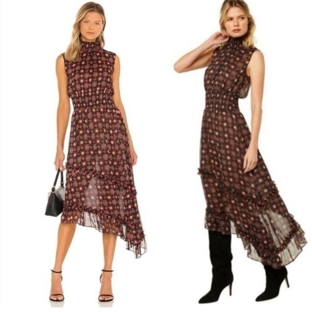 Misa Los Angeles Dress Shalom Asymmetrical in Brown Onyx Medallion